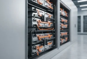 Internal view of high-safety LFP lithium battery cells and liquid cooling channels within a BESS rack