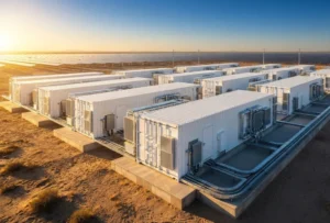 A massive array of 40ft utility scale BESS containers deployed at a desert solar power farm