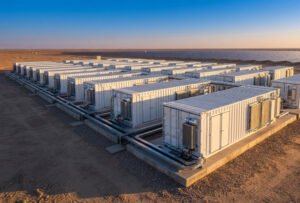 A massive array of 40ft utility scale battery storage system containers deployed at a desert solar power farm