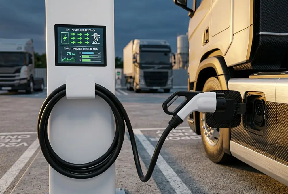 High-power bidirectional EV charging system discharging energy back to a commercial building grid.