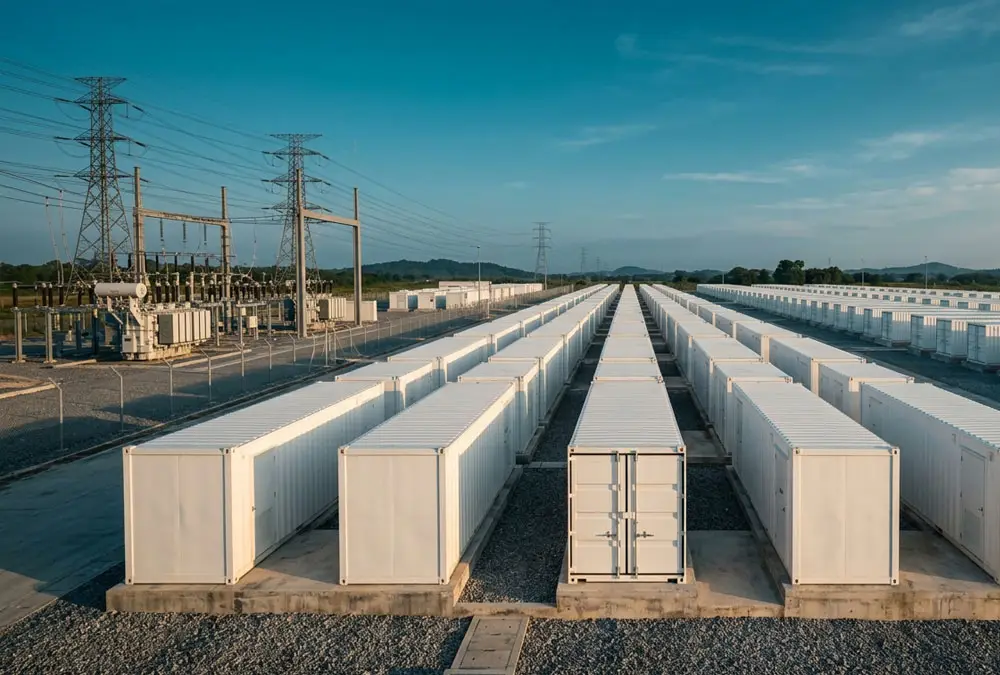 Utility scale BESS installation featuring white containerized grid scale battery storage systems on concrete foundations.