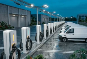 A commercial bidirectional EV charging station powering electric delivery fleet vans with V2G grid connection.