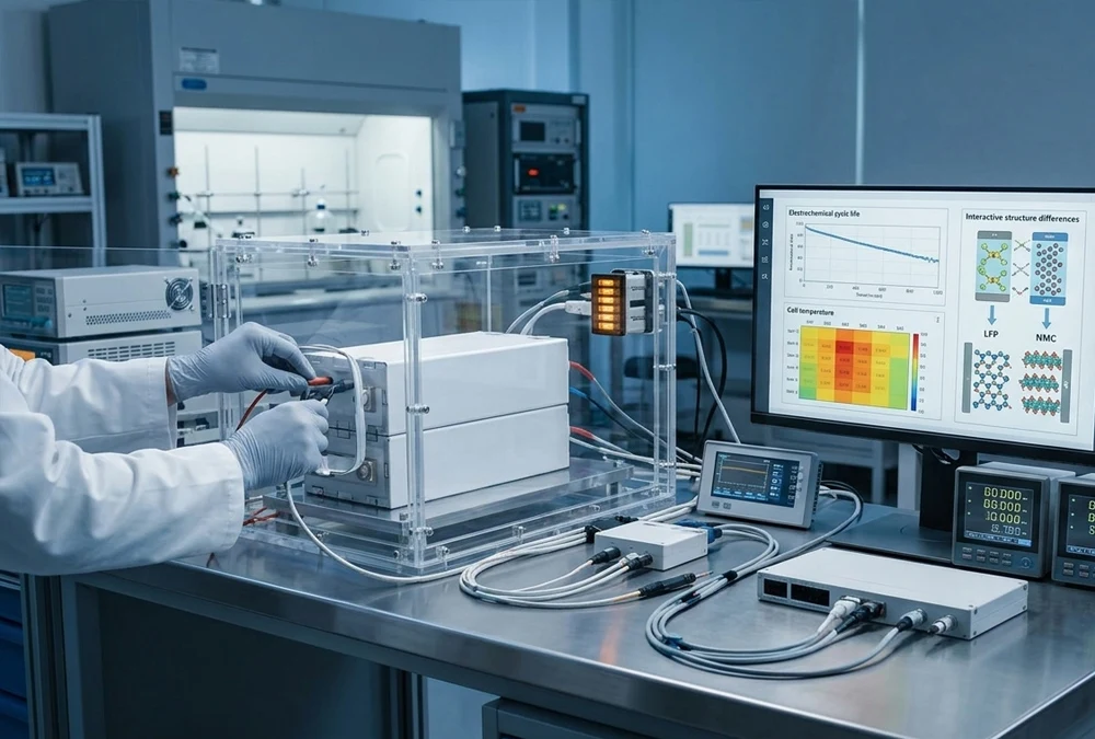 Professional laboratory testing different battery chemistries including LFP and NMC for commercial BESS applications