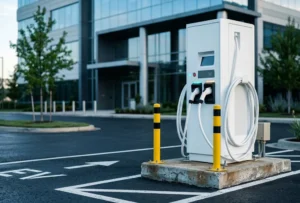 A sleek commercial EV charging station featuring a high-power dual-gun DC fast charger in a modern office park lot.