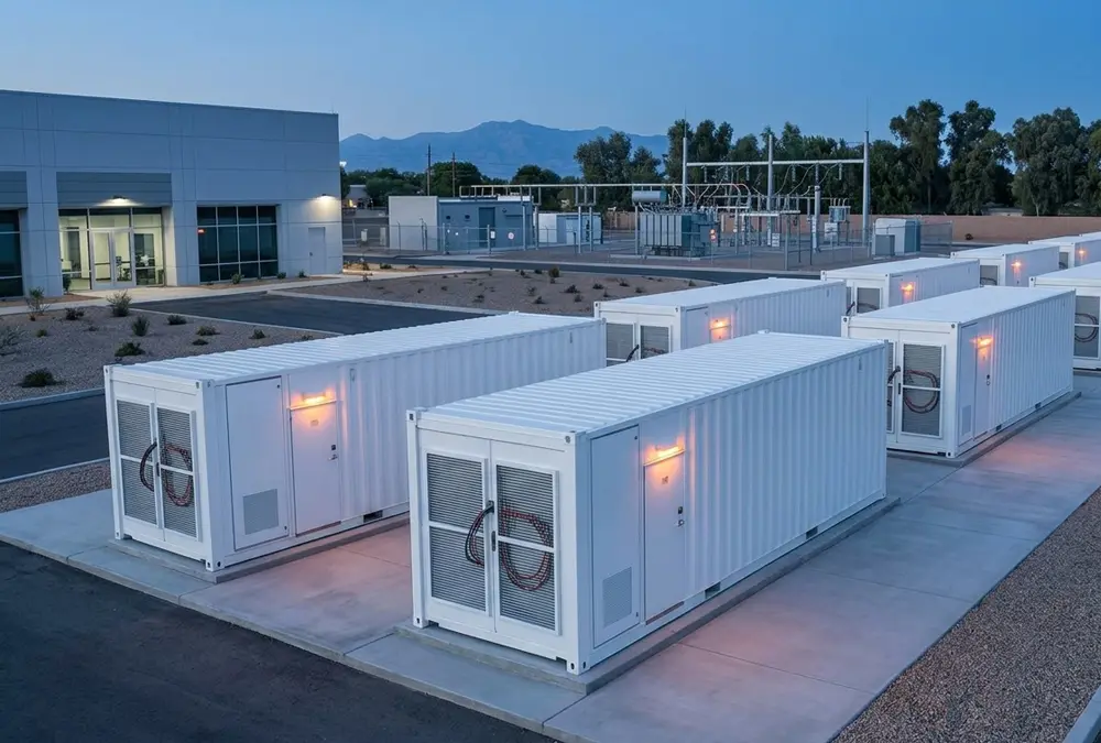 Clean white outdoor battery energy storage enclosure using LFP battery chemistries installed on a concrete pad