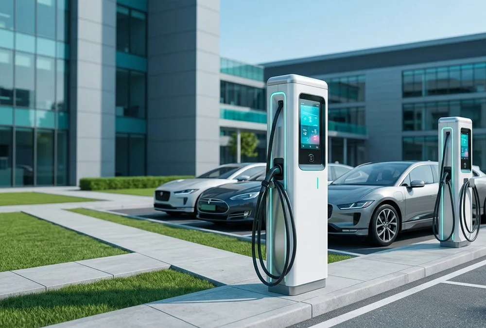 High-power commercial EV charging station hardware installed at an industrial facility park.