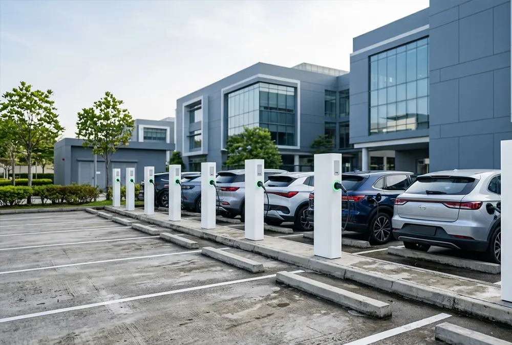 Commercial dual-port Level 2 EV charging stations in a modern office park lot.