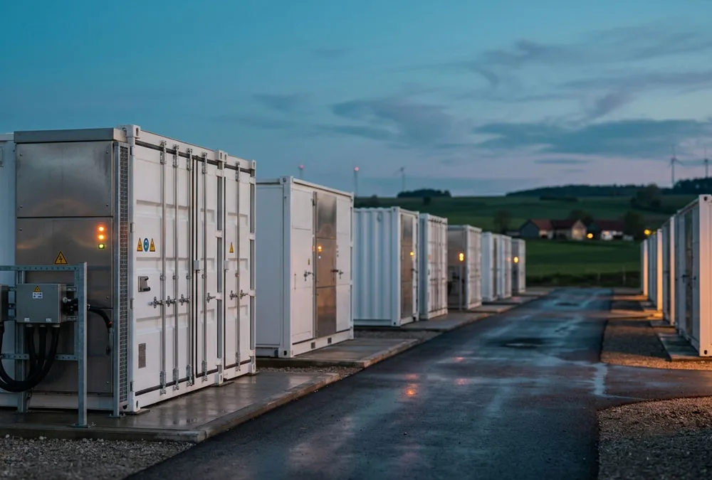 Large scale battery energy storage system facility in Germany featuring containerized BESS enclosures