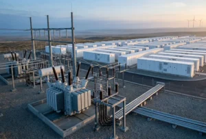 Large-scale grid scale battery storage system connected to a high-voltage substation and transformers near a wind farm.
