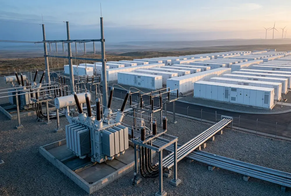 Large-scale grid scale battery storage system connected to a high-voltage substation and transformers near a wind farm.