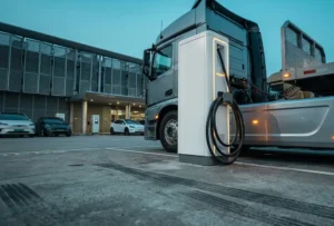 High-power EV charging infrastructure with liquid-cooled cables at a commercial DC fast charging hub