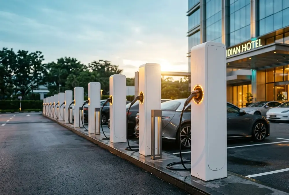 Row of commercial EV charging stations in a hotel parking lot providing power to guest electric vehicles.