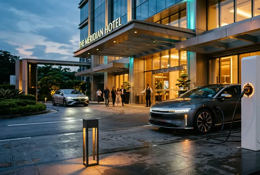 Commercial Level 2 EV charging station installed at a luxury hotel entrance with a modern electric car plugged in.
