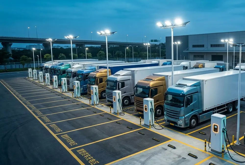 Commercial EV fleet smart charging network operating at night with energy management integration