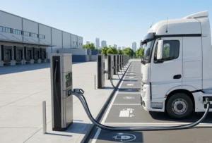 Megawatt Charging System station powering heavy duty commercial electric trucks at a logistics hub