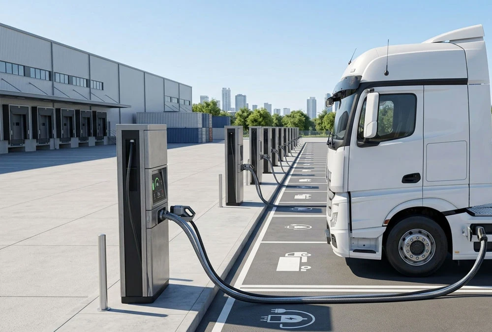 Megawatt Charging System station powering heavy duty commercial electric trucks at a logistics hub