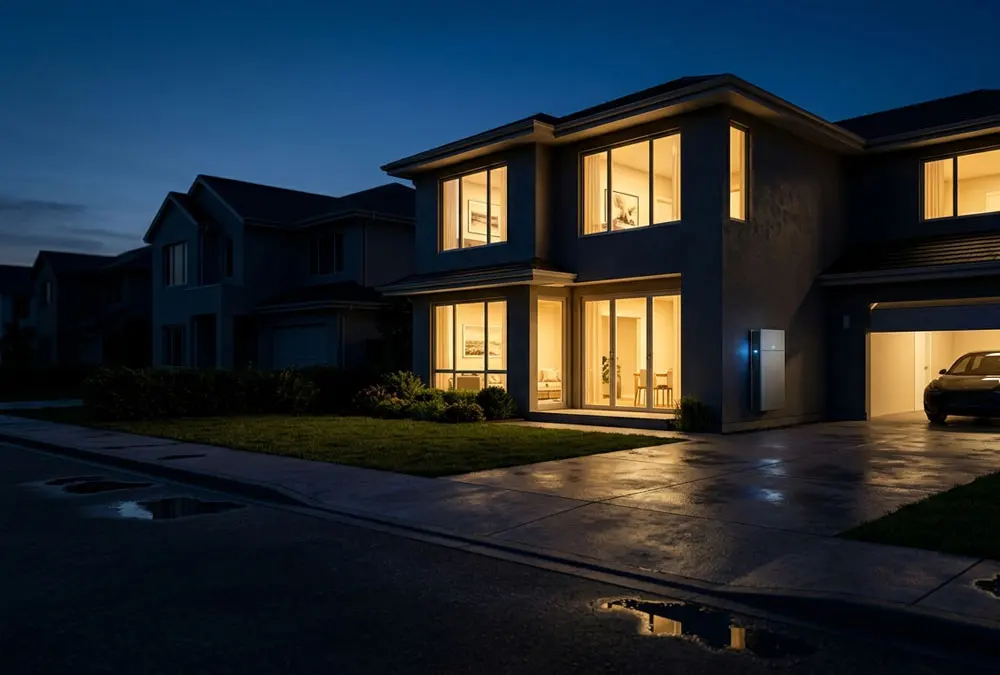 Exterior night view of a modern house illuminated by a residential energy storage system during a neighborhood power outage.