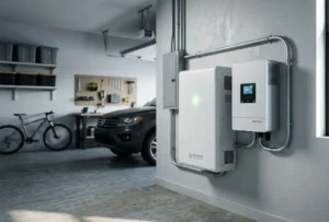 A residential energy storage system featuring a modern LiFePO4 battery cabinet and hybrid inverter installed on a clean concrete wall inside a smart home garage.