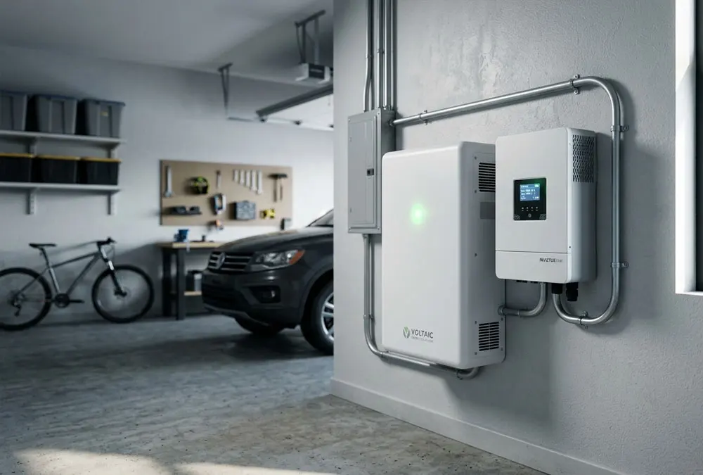 A residential energy storage system featuring a modern LiFePO4 battery cabinet and hybrid inverter installed on a clean concrete wall inside a smart home garage.