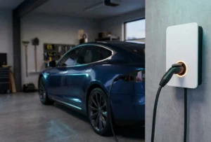 Modern residential garage with a sleek white Level 2 wall-mounted EV charger connected to an electric car.