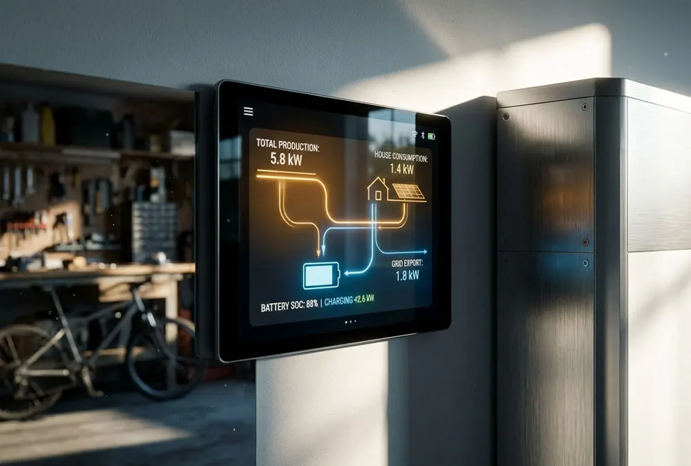 Close-up view of a smart home battery storage monitoring application running on a modern tablet mounted near a residential battery backup system.