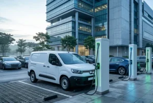 Commercial EV charging solutions DC fast chargers installed at a modern corporate charging hub