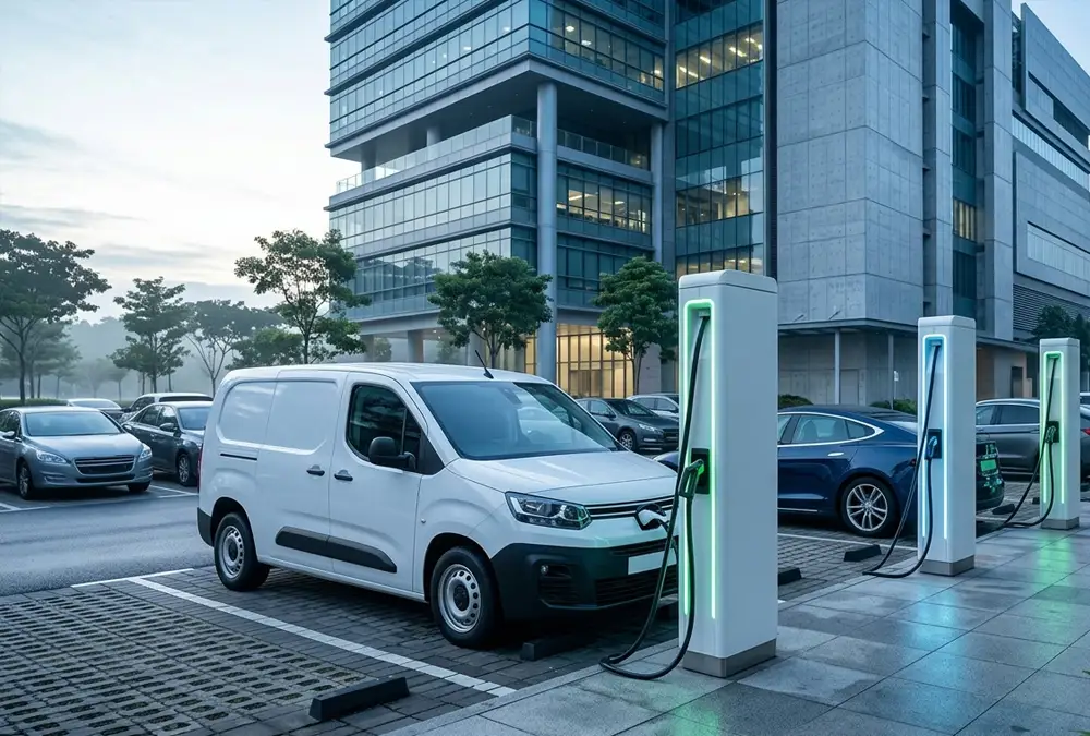 Commercial EV charging solutions DC fast chargers installed at a modern corporate charging hub