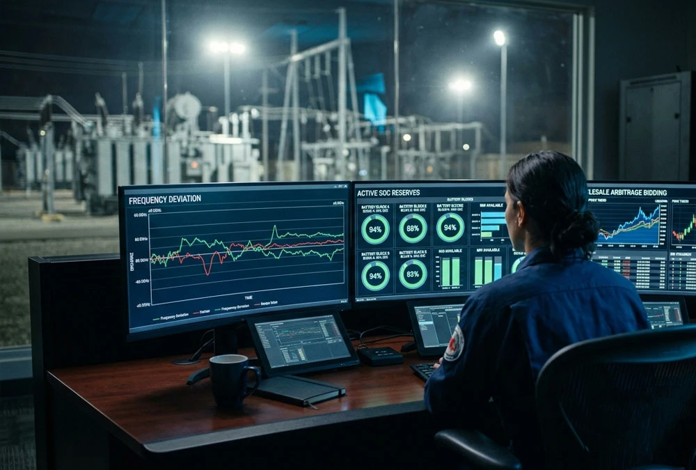 Engineers in a grid control room monitoring real-time frequency regulation and BESS battery dispatch curves.