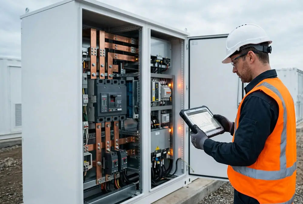An energy technician inspecting the power conversion system cabinet of a large-scale BESS facility.