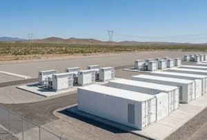 Utility-scale battery storage system containerized units installed at a grid substation