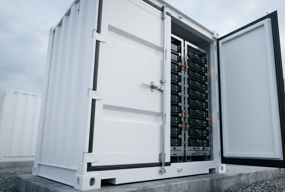 Close-up view of a white utility-scale battery energy storage system container door open showing modular battery racks.