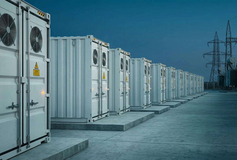 High-voltage 1500V grid scale battery storage containers connected to a step-up transformer substation at dusk.