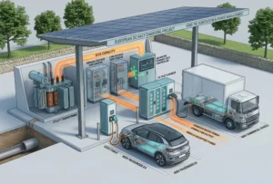 European wholesale DC fast charger site with grid, switchgear, chargers and CCS2 vehicles