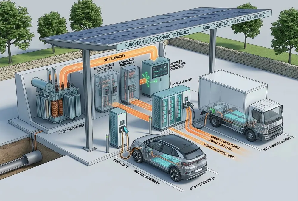 European wholesale DC fast charger site with grid, switchgear, chargers and CCS2 vehicles