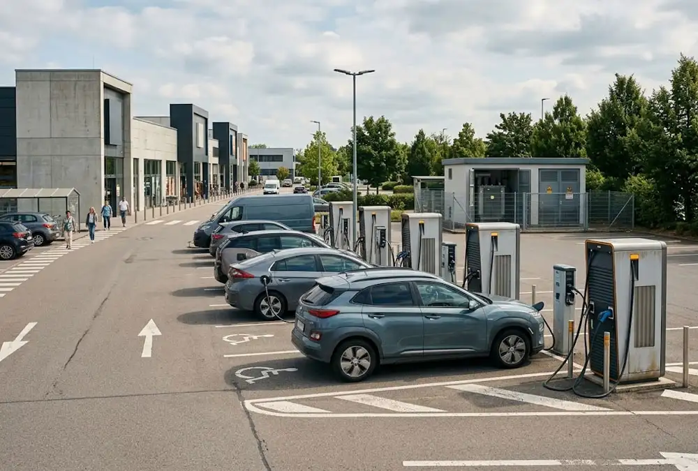Busy commercial EV charging station with AC and DC chargers at a retail site