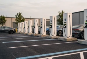 A commercial EV charging hub featuring high-power DC fast chargers installed on a concrete foundation in a marked asphalt parking lot.