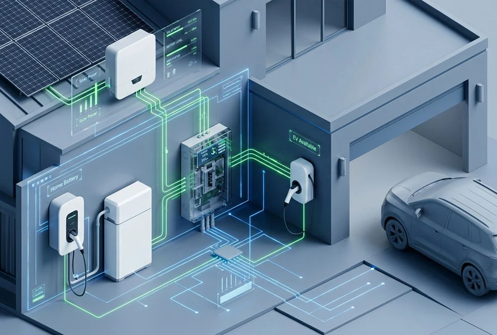Isometric diagram showing integrated home energy ecosystem with EV charger, smart main electrical panel, and solar inverter connectivity