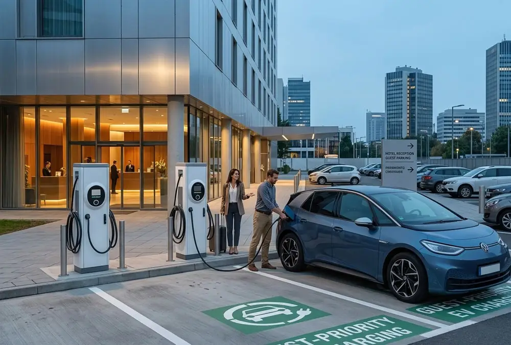 EV charging for hotels at a modern European hotel entrance