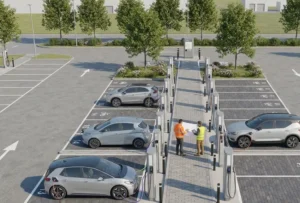 EPC team reviewing AC and DC EV charger placement at a European commercial site
