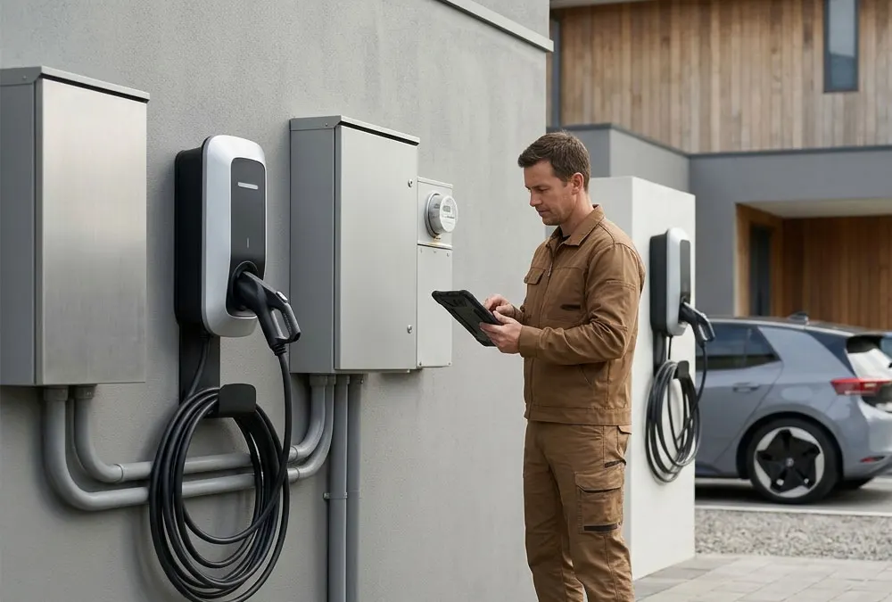 Electrician commissioning home EV charger load management for two electric cars