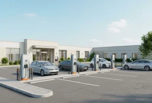 Hotel EV charging station maintenance area with parked cars and docked charging cables