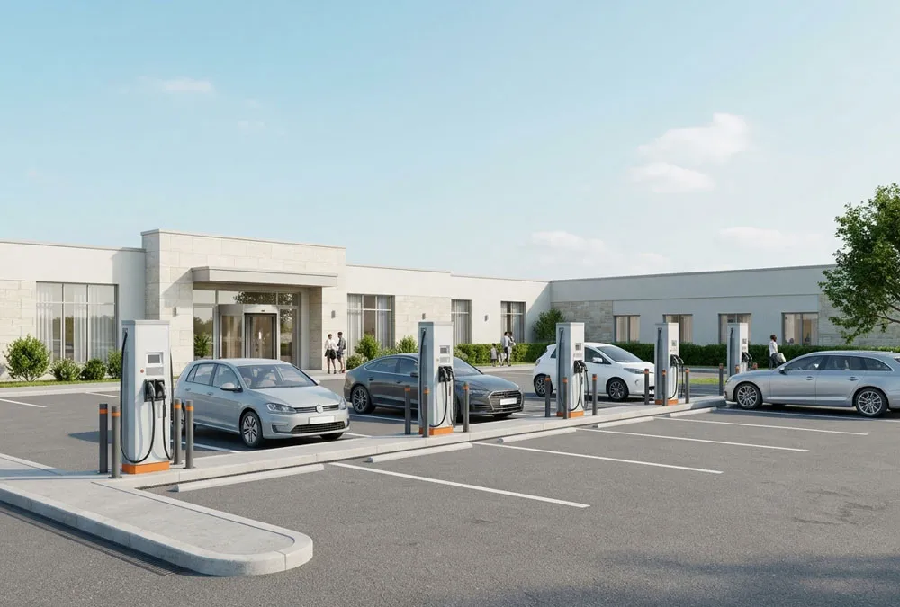 Hotel EV charging station maintenance area with parked cars and docked charging cables
