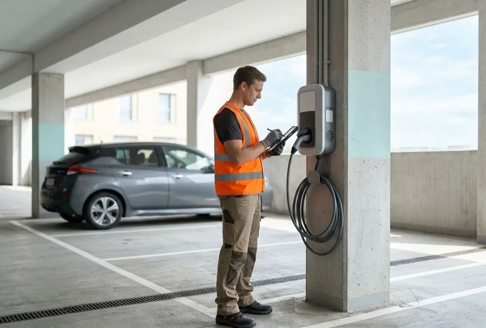 Qualified technician inspecting a hotel EV charger with the charging gun safely docked