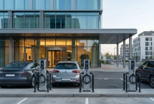 Hotel EV charger installation with parked electric cars and correctly positioned AC chargers