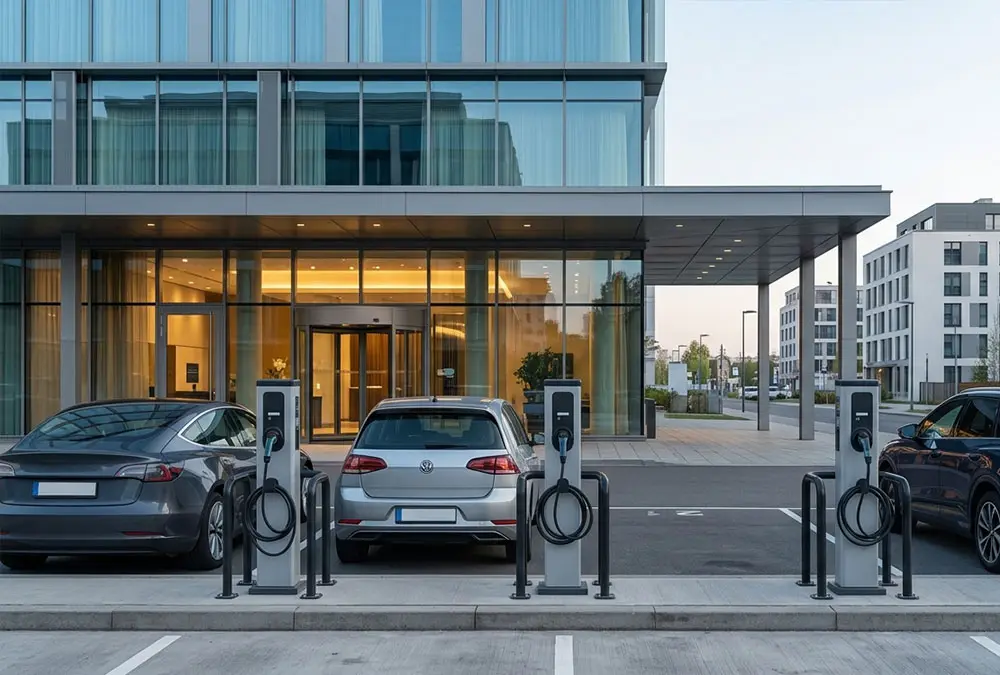 Hotel EV charger installation with parked electric cars and correctly positioned AC chargers