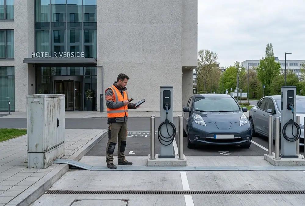 Electrical engineer surveying a hotel EV charger installation site and parking layout