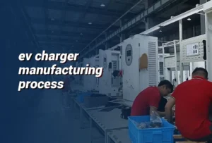 Technicians assembling and testing EV chargers in a modern manufacturing facility