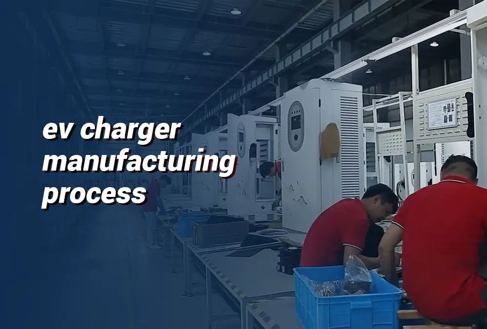 Technicians assembling and testing EV chargers in a modern manufacturing facility
