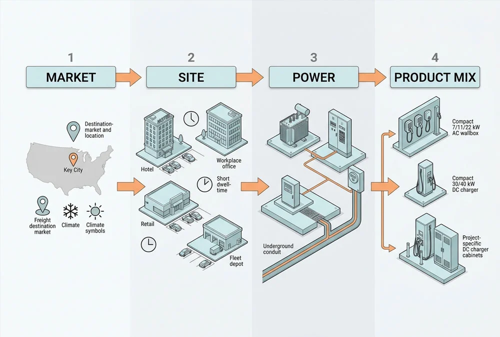Technical relationship from market and site inputs to AC and DC charger selection