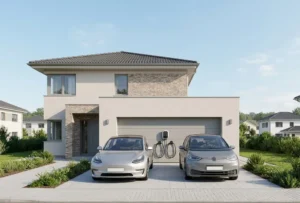 Dual EV charger installed between two parked electric cars at a European home